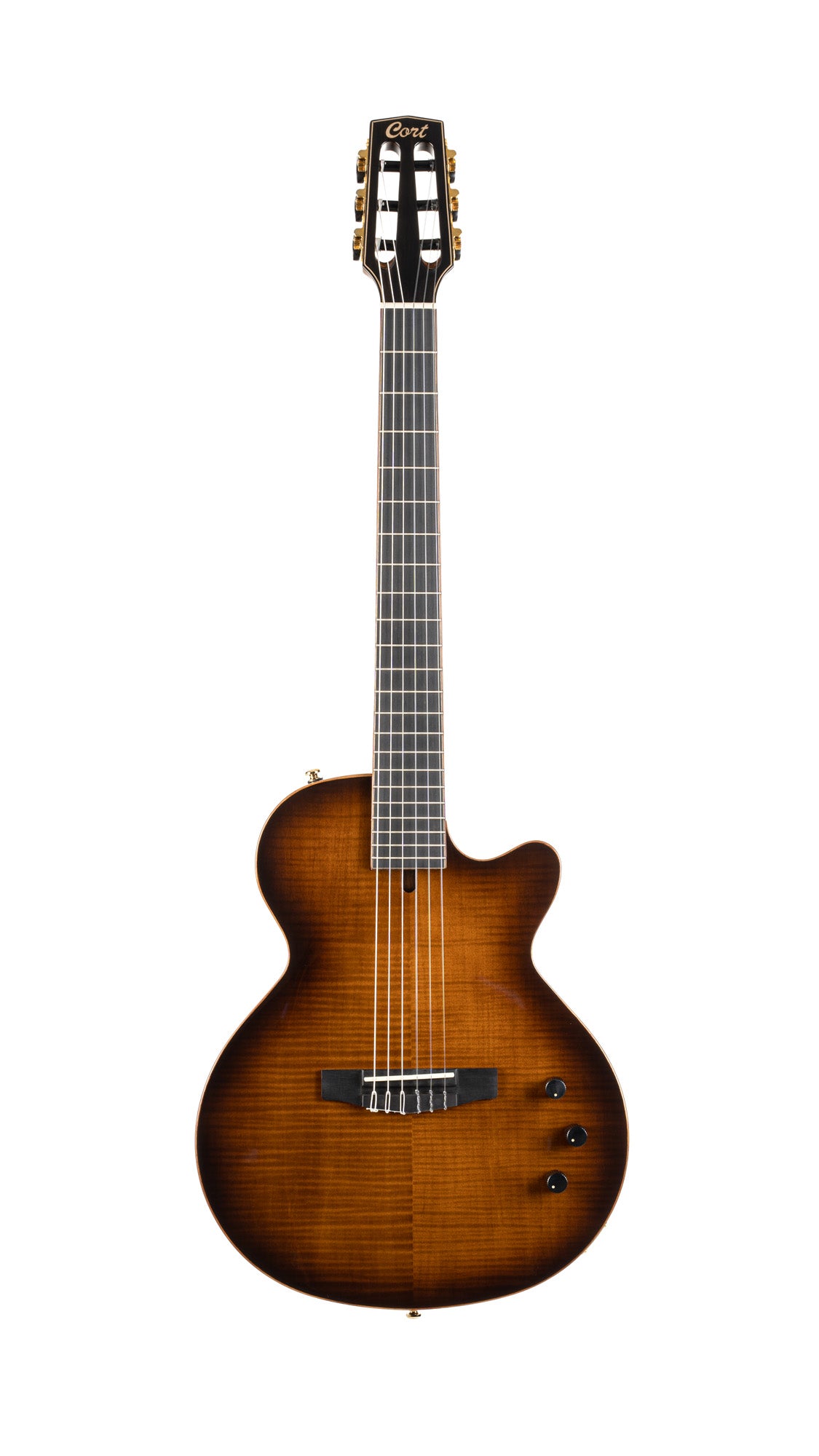 SUNSET NYLECTRIC DLX, table épicéa avec placage érable flammé, corps acajou chambré, EQ Fishman VTB, housse, tobacco sunburst