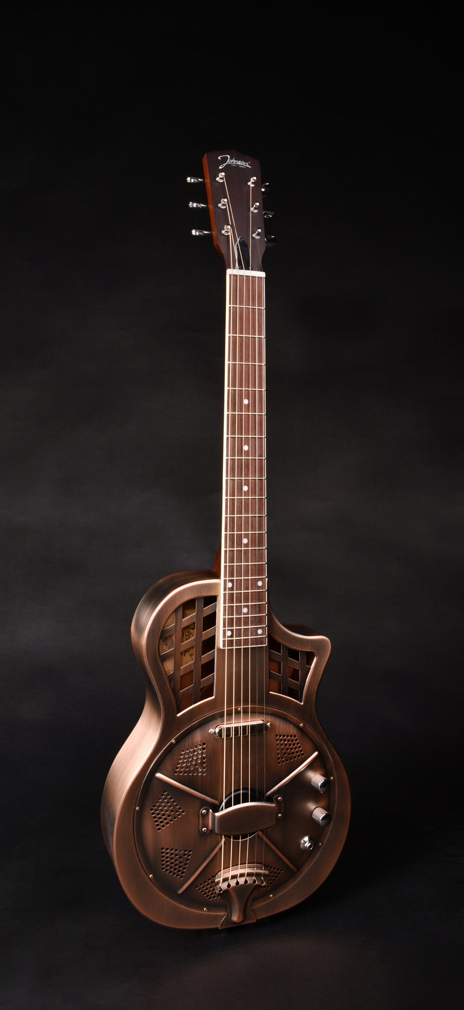 JR-994, corps en laiton, manche acajou, touche palissandre, micro simple, antique copper.