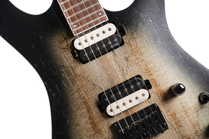 KX300, corps acajou, table érable figuré, manche vissé érable, touche jatoba, micros EMG RetroActive, raw burst pores ouverts