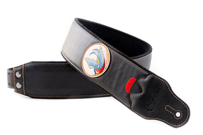 Courroie modèle TATOO SWALLOW, extérieur synthétique, largeur 7 cm, longueur 98 à 153 cm, porte-médiators intégré, noir