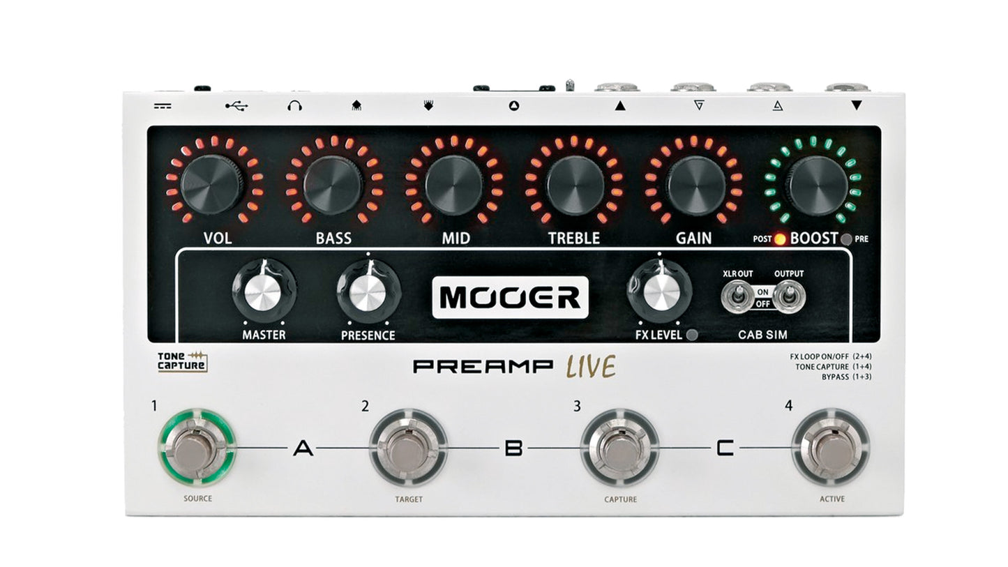 Pédalier préampli numérique PREAMP LIVE, 12 canaux préamplis indépendants (3 banques), 50 modèles d'amplificateur, blanc