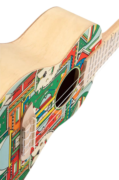 RUAR-HY, modèle Concert, table épicéa avec motif custom, fond & éclisses catalpa, manche nato, motif"Himalaya" satiné