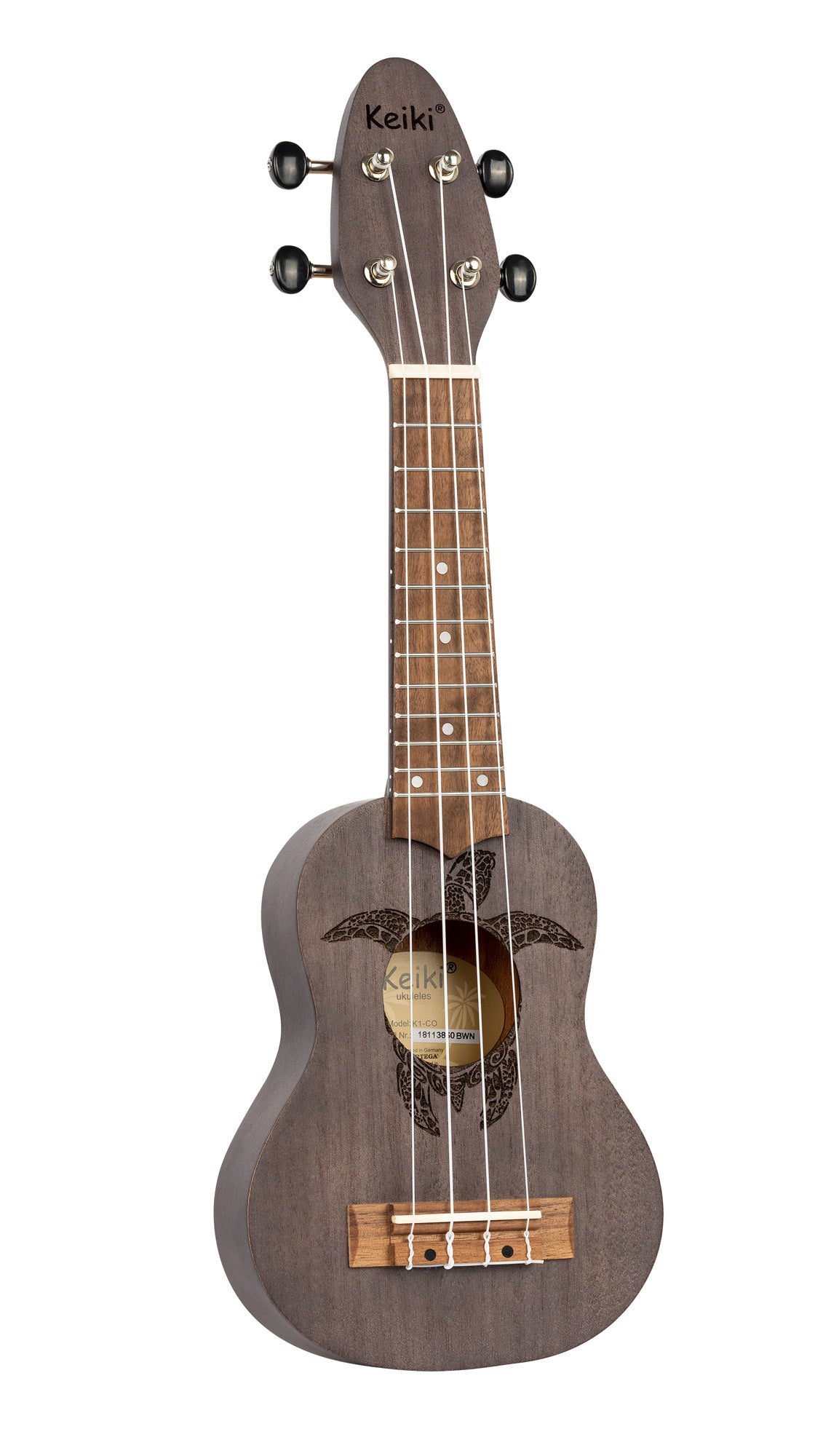 K1-CO, ukulélé Sopranino, table okoumé avec motif tortue, fond & éclisses okoumé, manche okoumé, charbon pores ouverts
