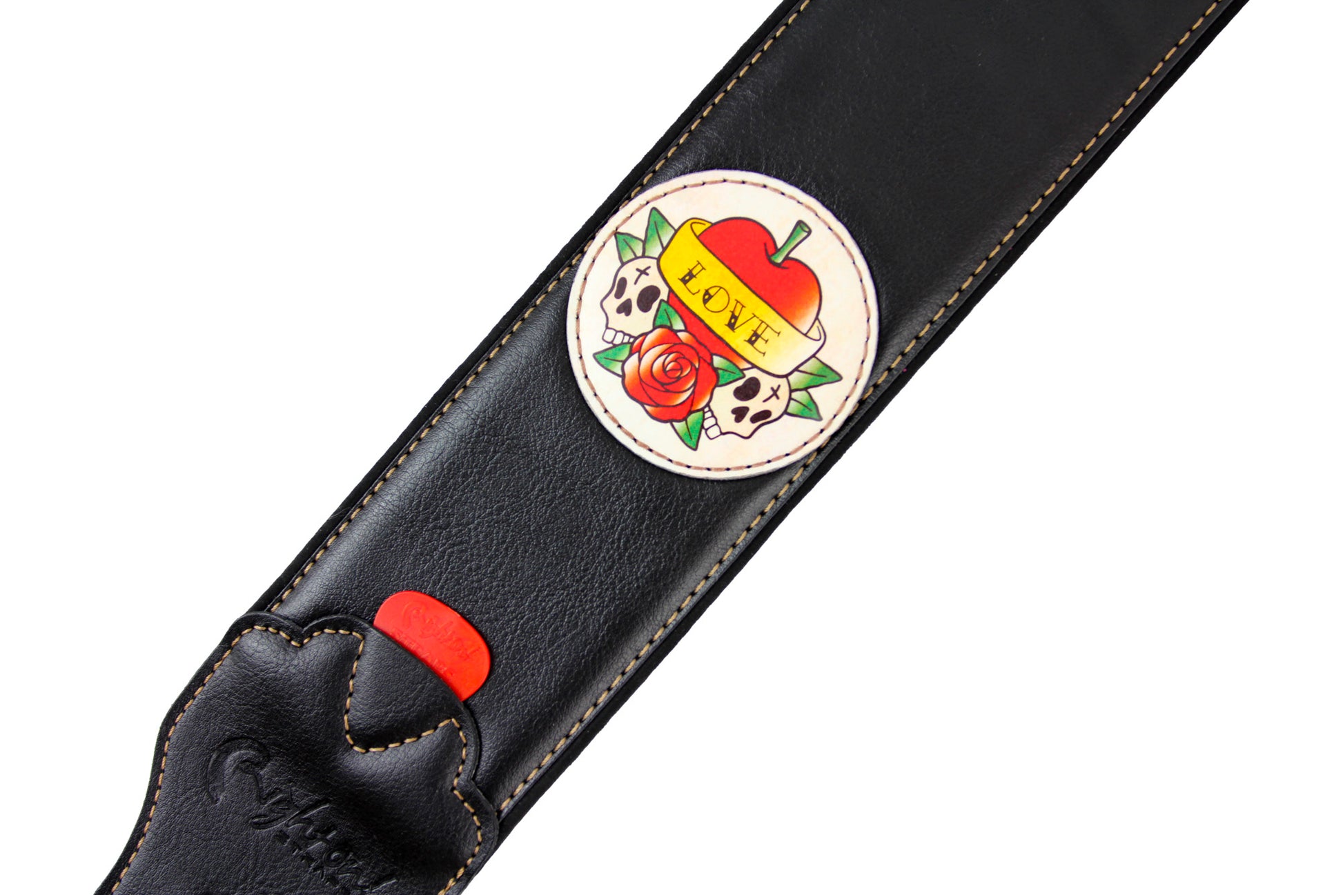 Courroie modèle TATOO LOVE, extérieur synthétique, largeur 7 cm, longueur 98 à 153 cm, porte-médiators intégré, noir