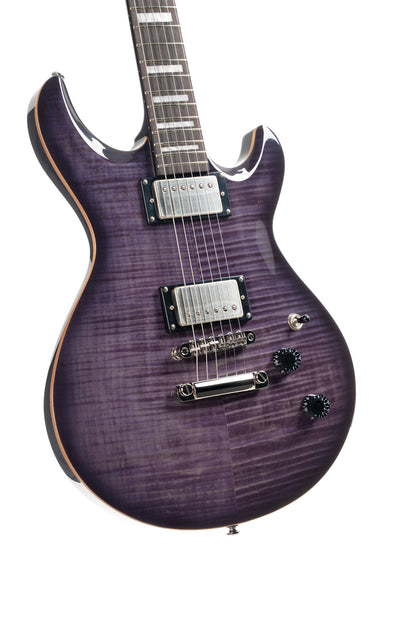M600, corps acajou, placage érable flammé, manche collé acajou, 2 micros doubles Cort Voiced Tone VTH-59, trans purple burst