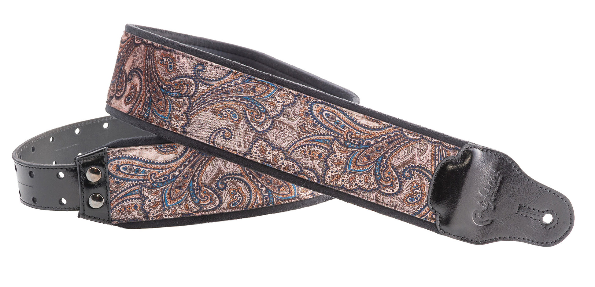 Courroie modèle J-PAISLEY, extérieur velours, largeur 7 cm, longueur 95 à 150 cm, porte-médiators intégré, brun