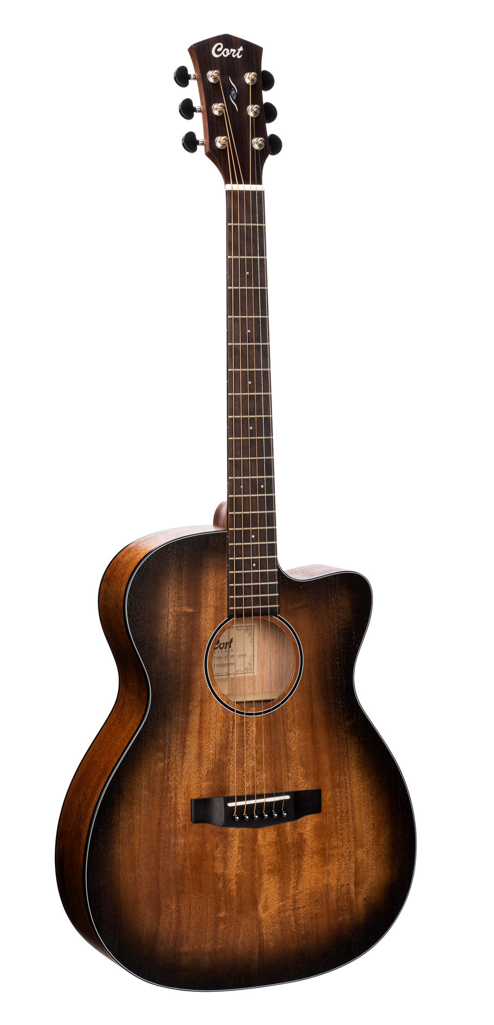 CORE-OC, forme OM, table acajou massif, f/e acajou massif, EQ Fishman Sonitone, soft case, noir dégradé pores ouverts