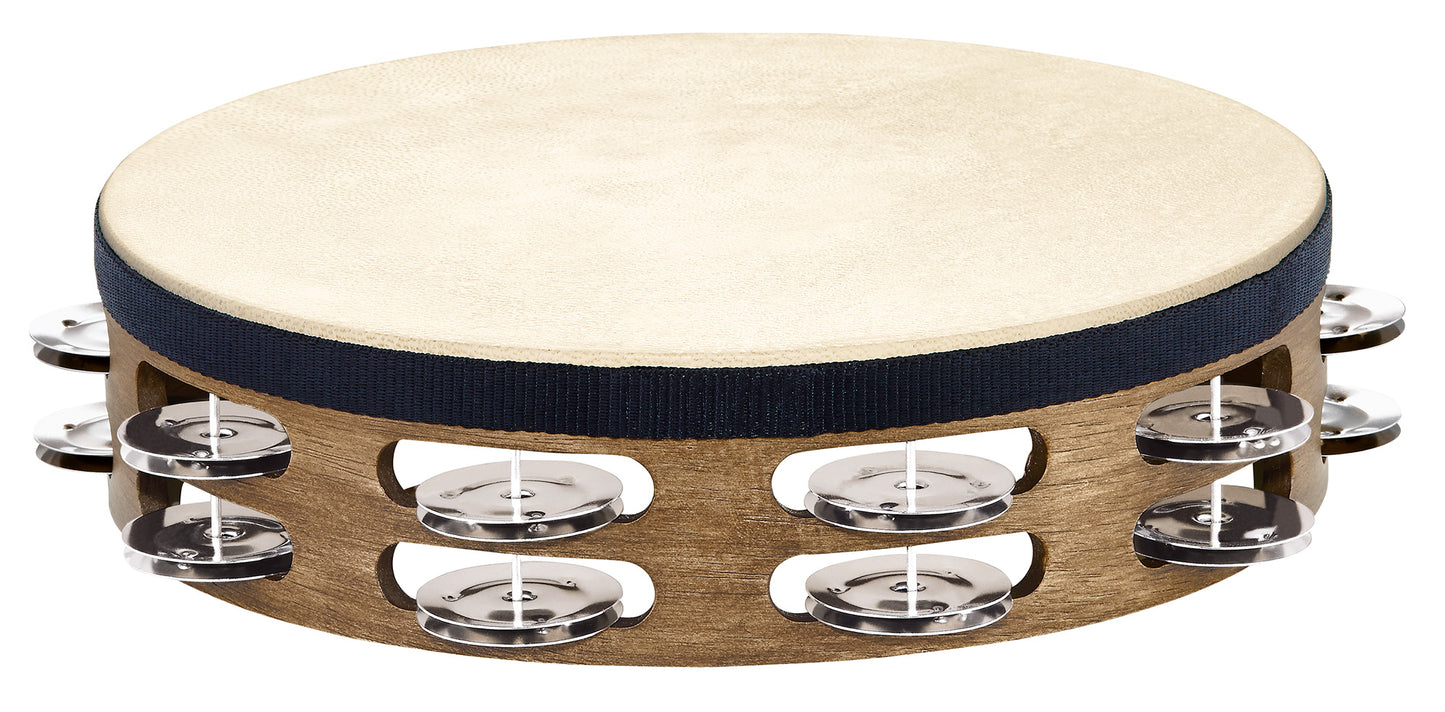 Tambourin bois avec peau de chèvre sélectionnée à la main, 2 rangée de cymbalettes acier inoxydable, Walnut Brown
