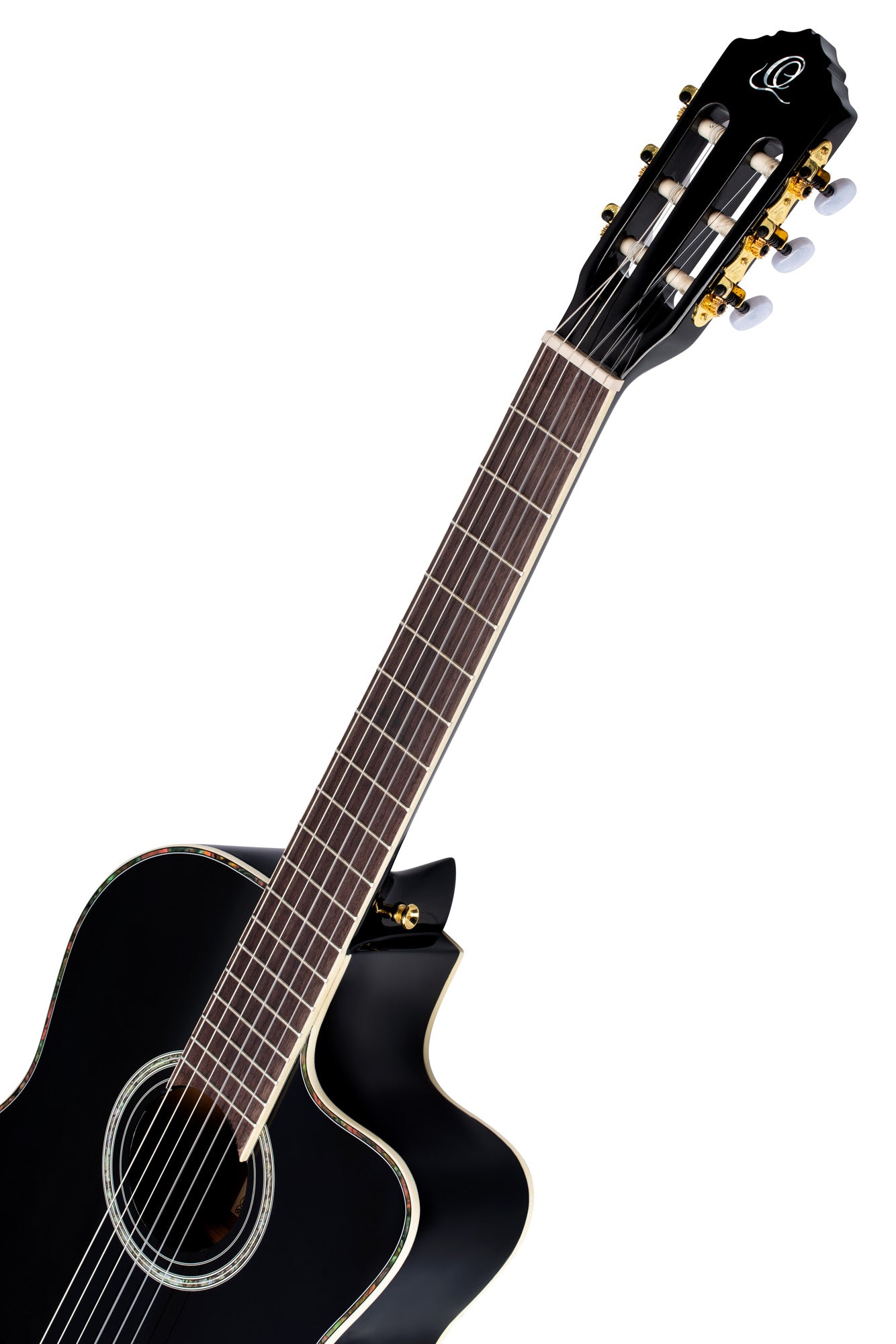 RCE141, pan coupé, EQ Ortega MagusPro, table épicéa massif, manche acajou (52 mm), noir brillant