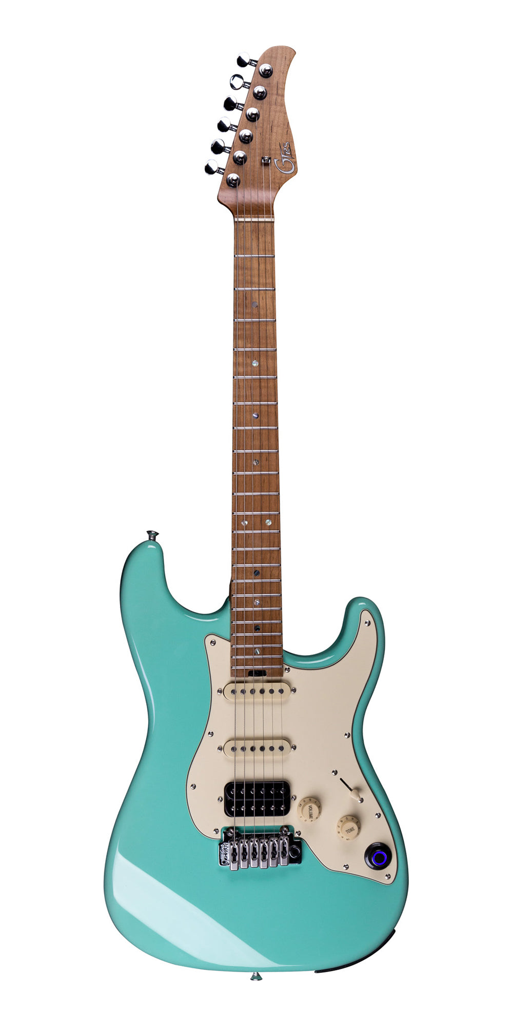 GTRS P801, corps aulne, manche érable flammé torréfié, touche érable, micros et processeur GTRS, mint green