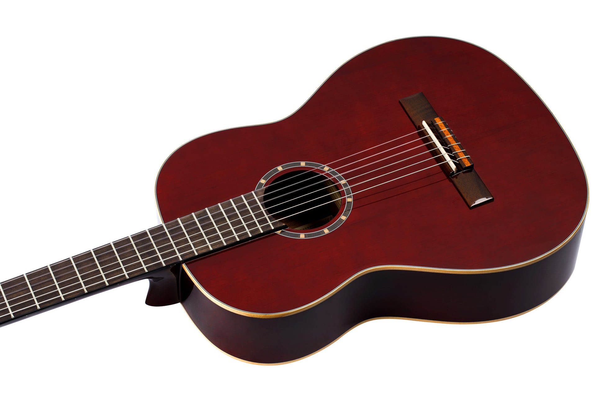 R131SN, modèle Slim Neck, table cèdre rouge massif, fond & éclisses acajou, manche acajou (sillet 48 mm), housse, bordeaux tr.