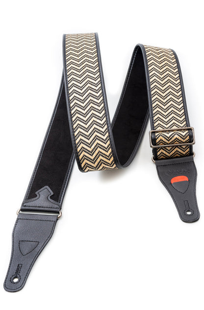 Courroie modèle VICTORIA, fibre naturelle, largeur 6 cm, longueur 95 à 150 cm, porte-médiators intégré, beige et noir