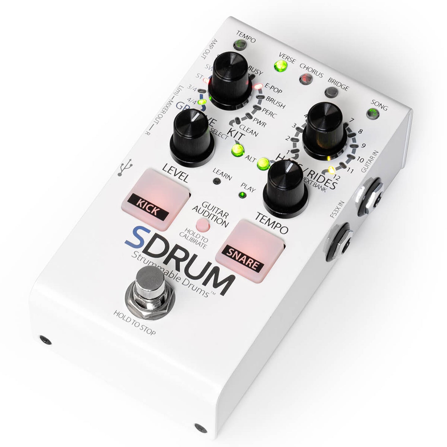Pédale SDRUM, boîte à rythmes intelligente pour guitaristes et bassistes, 5 kits de batteries différents, blanc