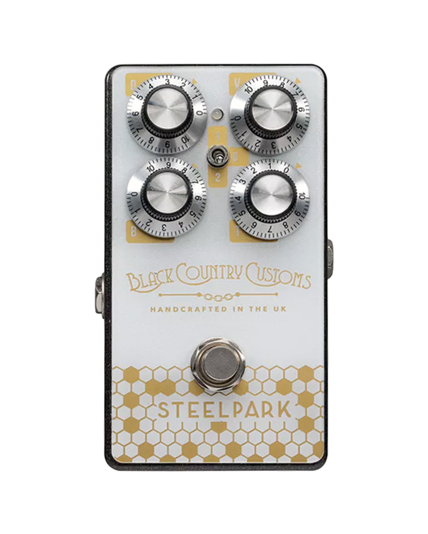 Pédale boost STEELPARK, 3 modes, jusqu'à 30dB de gain, switch silencieux, boitier métal, blanc et or