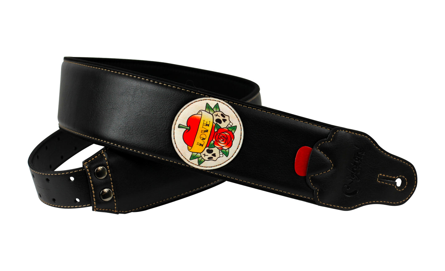 Courroie modèle TATOO LOVE, extérieur synthétique, largeur 7 cm, longueur 98 à 153 cm, porte-médiators intégré, noir