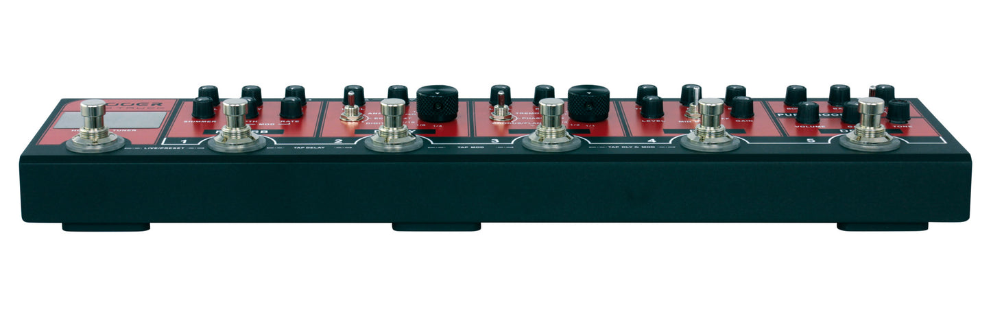 Pédalier RED TRUCK, 6 pédales d'effet (Boost, Overdrive, Distorsion, Modulation, Délai, Réverb), rouge