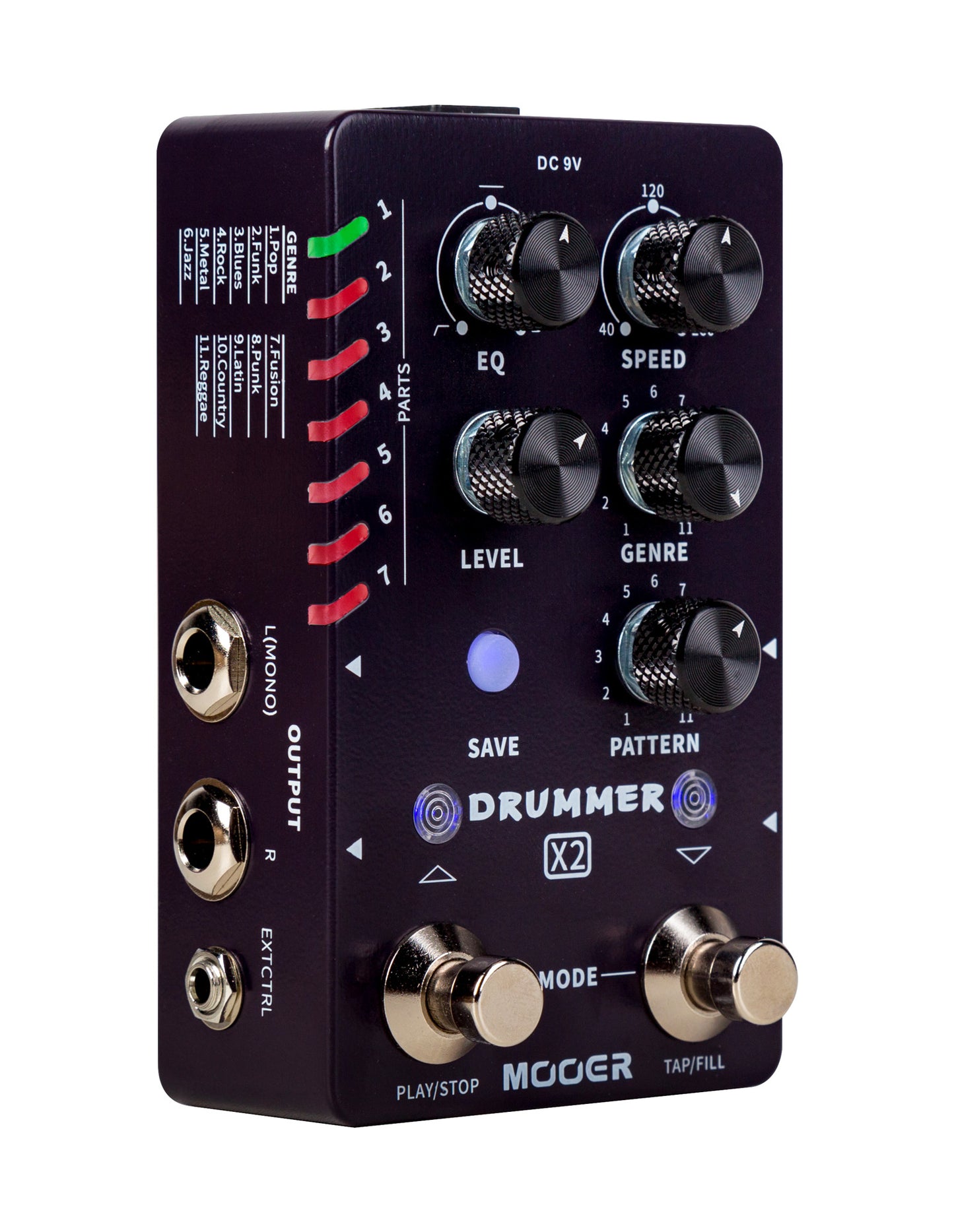 Pédale DRUMMER X2, boite à rythmes stéréo, 11 styles avec 11 grooves différents pour chacun, 7 presets utilisateurs, noir