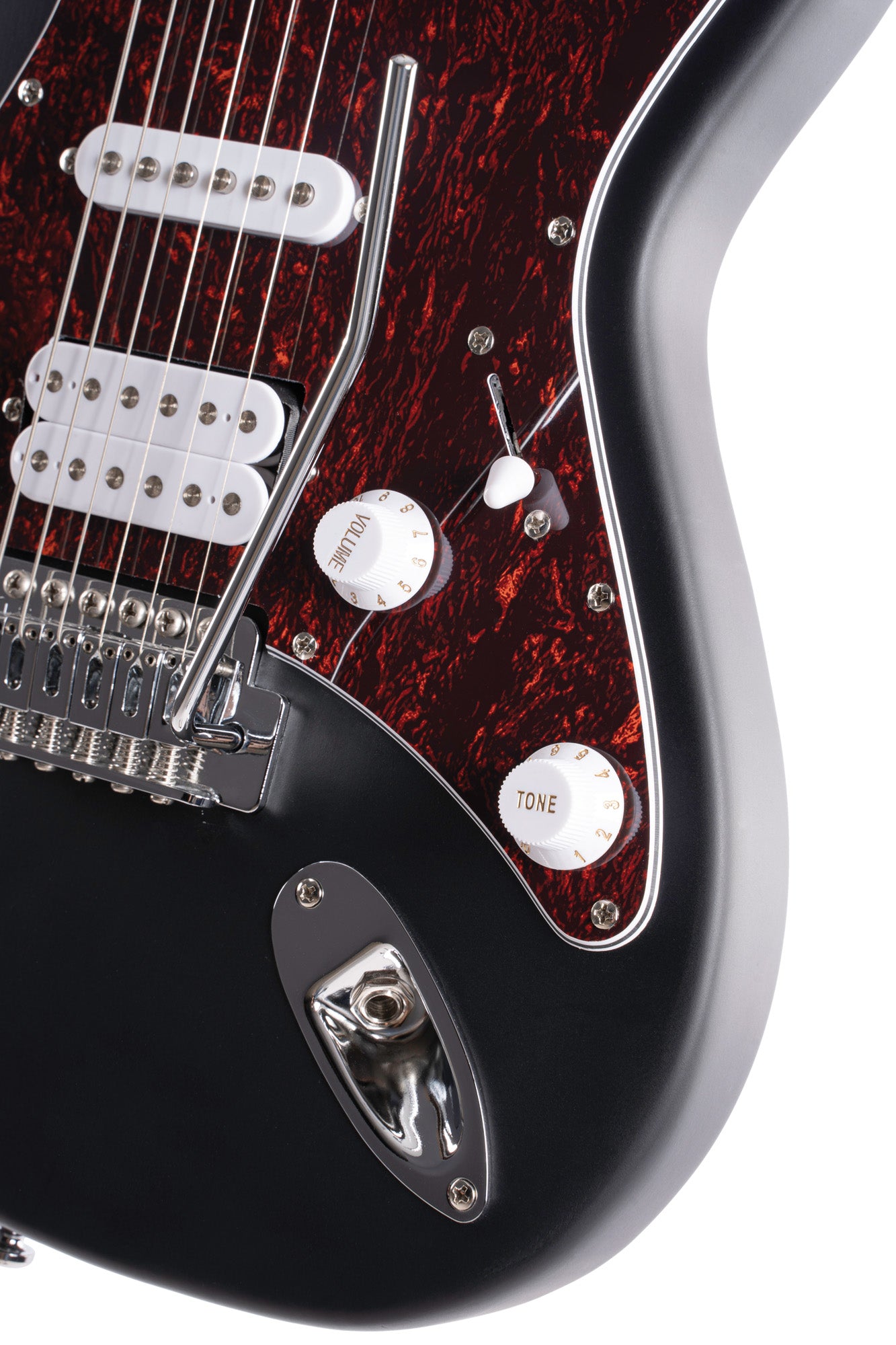 G110, corps peuplier, manche érable, touche jatoba, 3 micros Powersound (S/S/H), plaque tortoise, noir pores ouverts