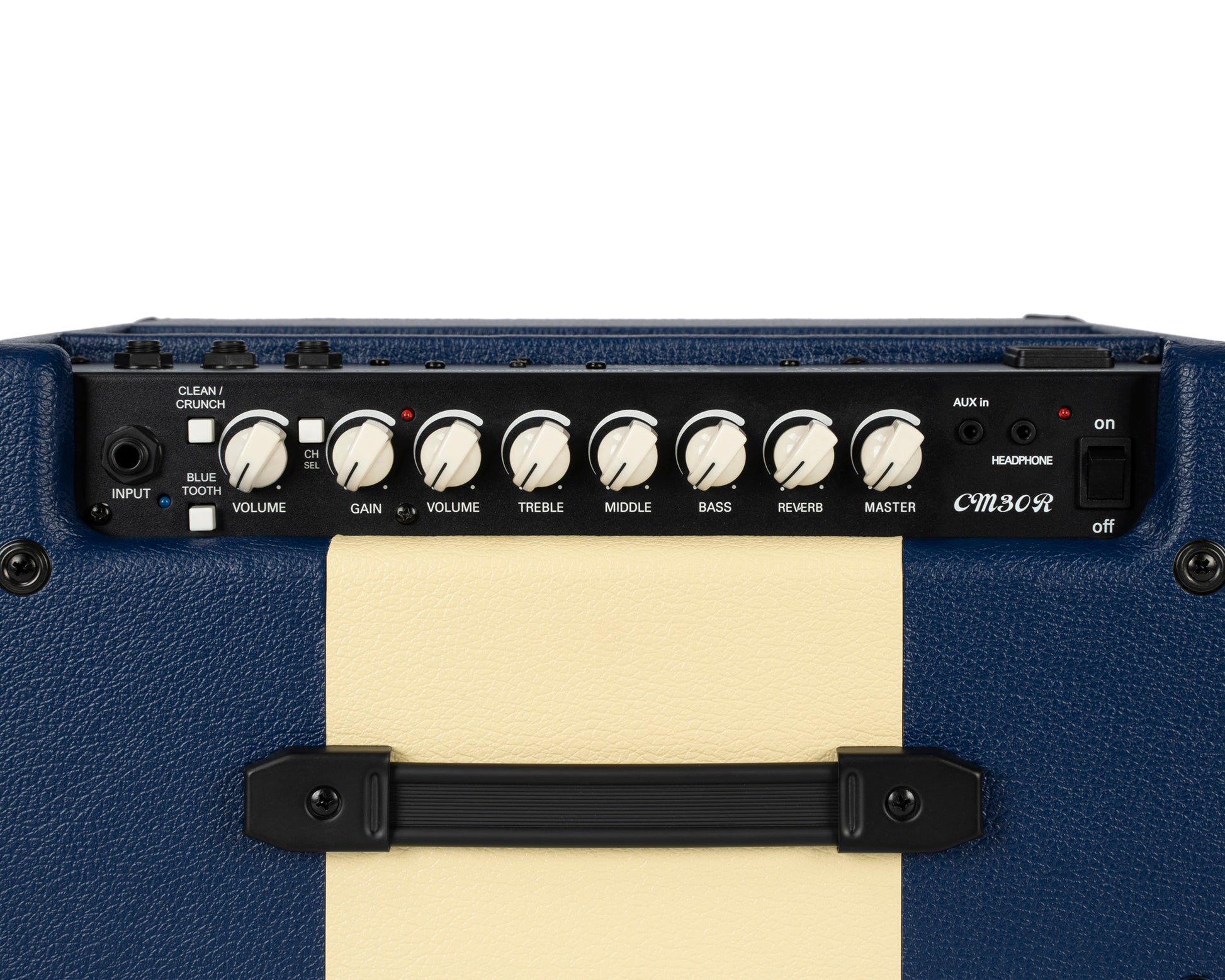 Ampli guitare 30W, 1x 10", 2 canaux, égaliseur 3 bandes, réverb, entrée Bluetooth, entrée CD/MP3 mini-Jack, bleu