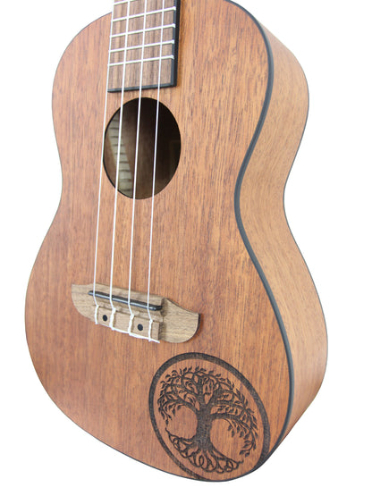 RFEU-5, exclu France, modèle Concert, table acajou motif Tree of Life, fond & éclisses sapele, manche acajou, naturel satiné