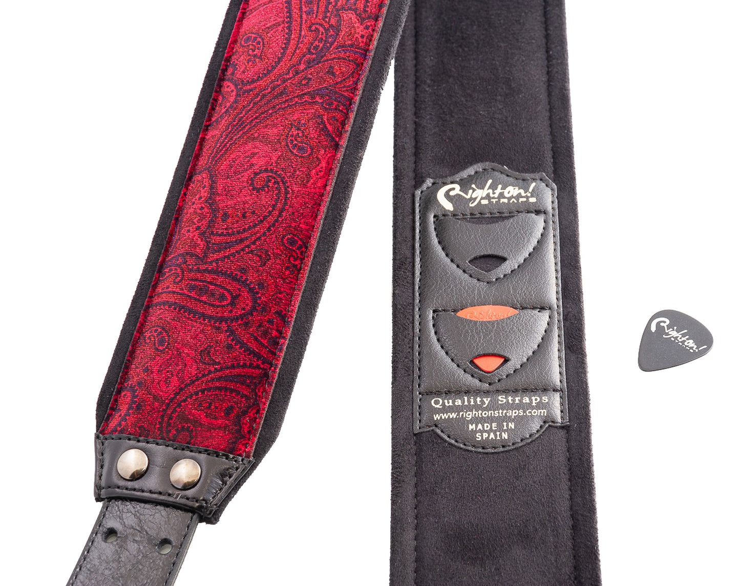 Courroie modèle J-PAISLEY, extérieur velours, largeur 7 cm, longueur 95 à 150 cm, porte-médiators intégré, rouge