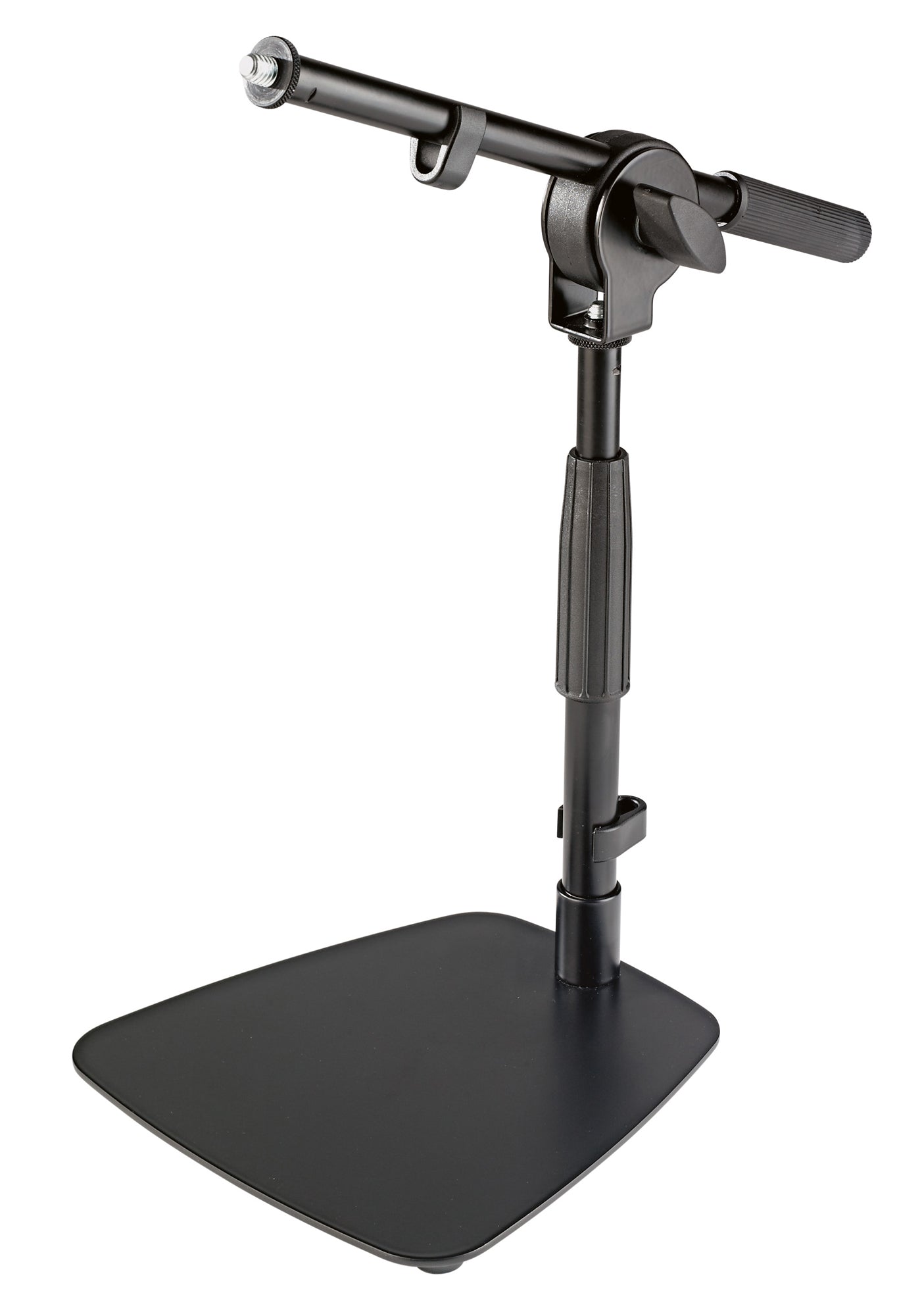 Support micro de table avec petite perche, acier, filetage 3/8". Poids: 1.64 kg, base: 200 x 200 mm, hauteur: 285 à 400 mm, noir