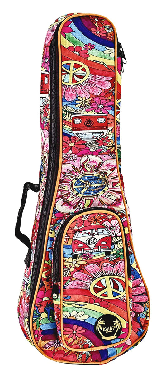 Housse Ukulélé Concert, design"Peace 68", nylon doux et solide, rembourrage 10 mm, courroies ajustables, poche accessoires