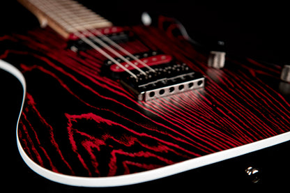 KX300 ETCHED, 6 cordes, corps acajou, table frêne sablée, touche pau ferro, 2 micros doubles EMG RetroActive, noir et rouge