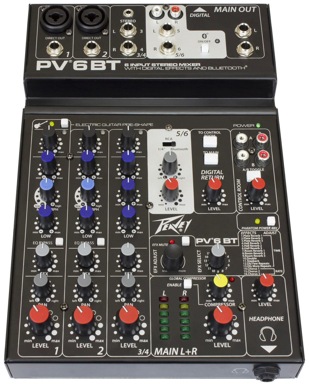 Table de mixage 6 canaux, 2 préamplis micro XLR/Jack, EQ 3 bandes, Bluetooth, effets numériques, entrée guitare Hi-Z, noir