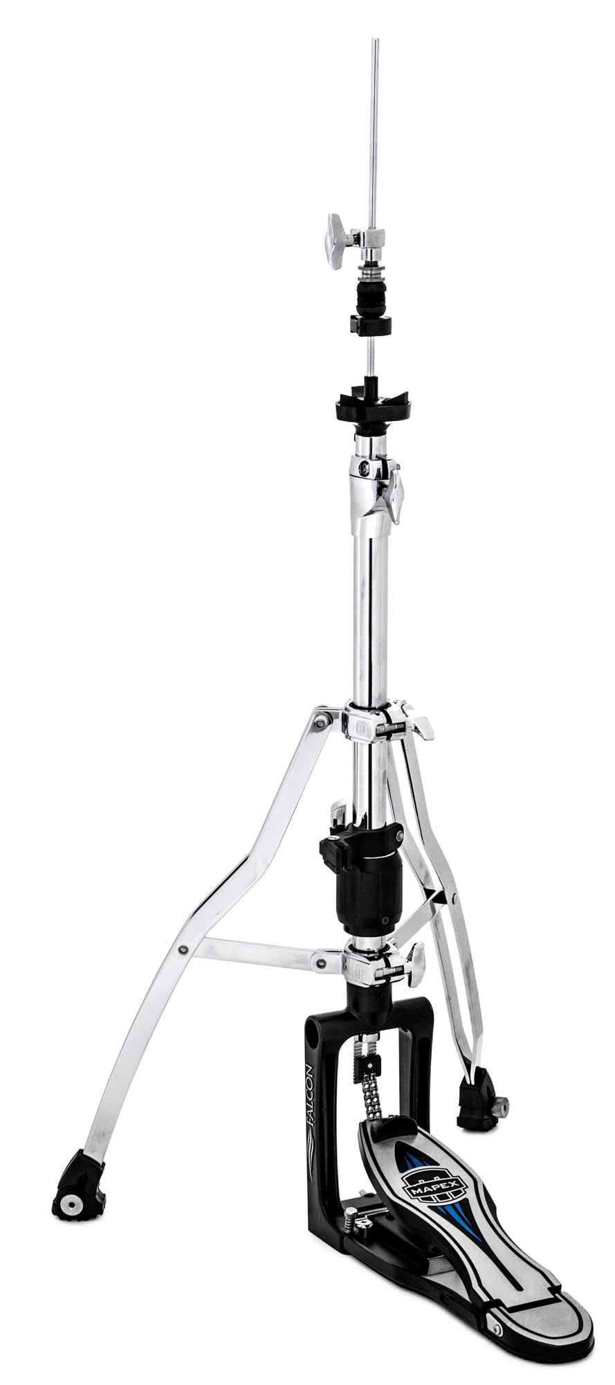 Pédale charleston Falcon, Tilter Quick-Lock, réglages complets avec bague mémoire, 2 pieds double embase avec pointes, chrome