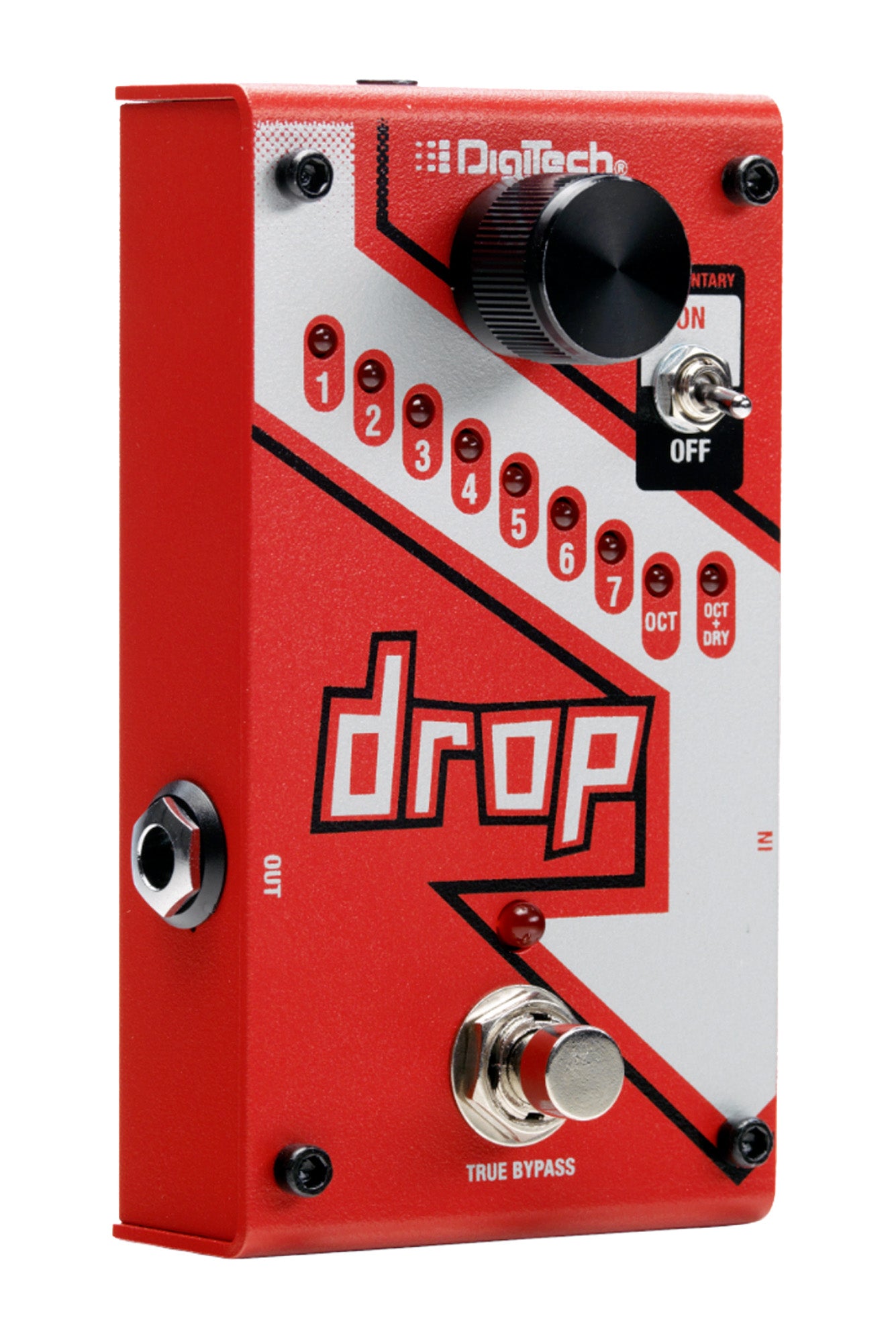 Pédale DROP, drop tune polyphonique pour guitare et basse, permet de baisser l'accord d'un demi-ton à une octave complète, rouge