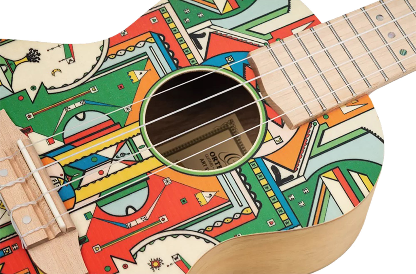 RUAR-HY, modèle Concert, table épicéa avec motif custom, fond & éclisses catalpa, manche nato, motif"Himalaya" satiné