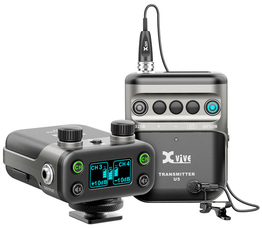 Système HF pour vidéo et interview U5, un émetteur et un récepteur, 1 micro Lavalier LV1, 2 batteries rechargeables, noir