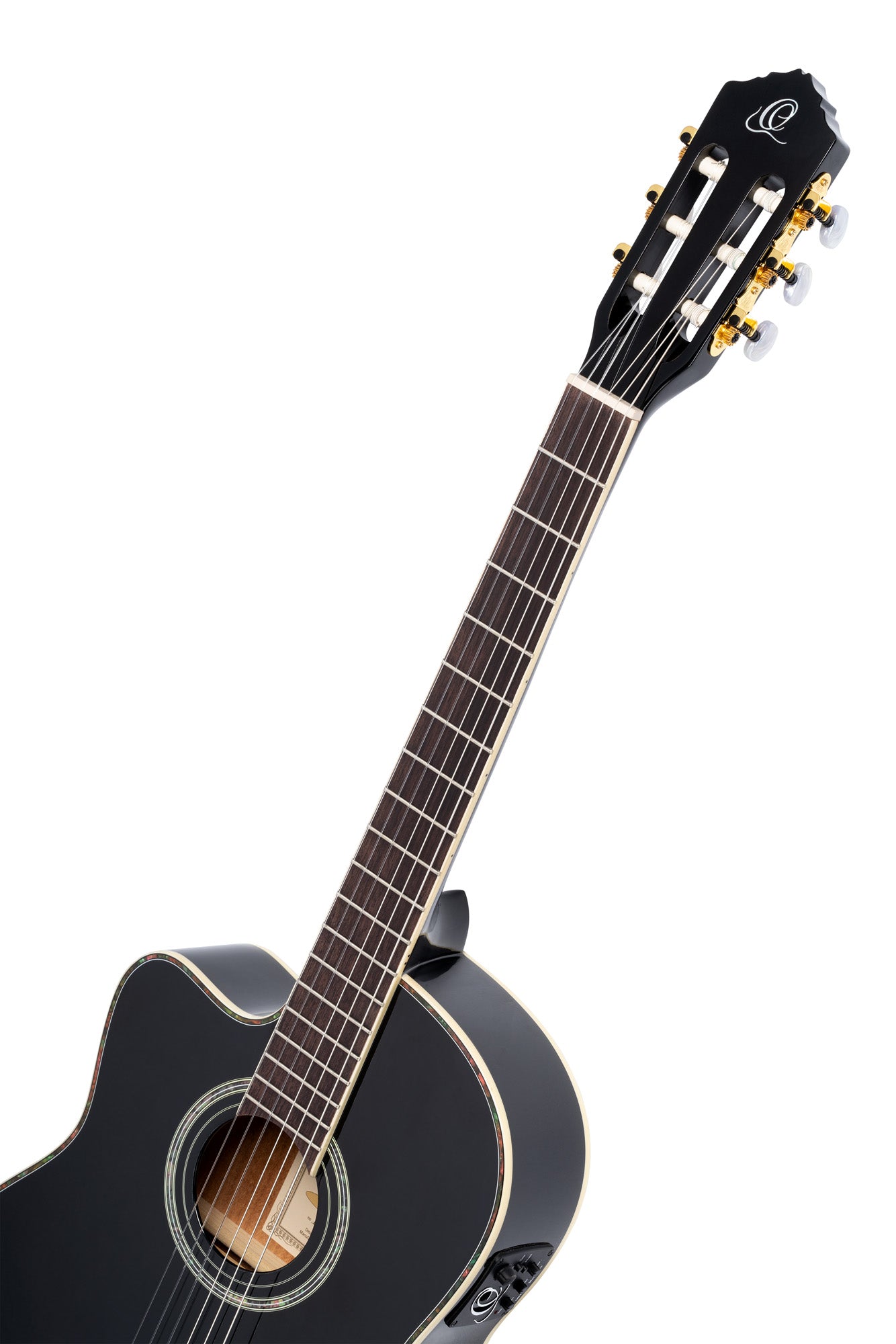 RCE145L, modèle gaucher à caisse fine, pan coupé, EQ MagusPro, table épicéa massif, manche acajou (sillet 48 mm), noir brillant