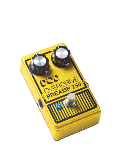PÉDALE OVERDRIVE PREAMP 250, overdrive basé sur le circuit original avec des composants actualisés, True Bypass, jaune métallisé
