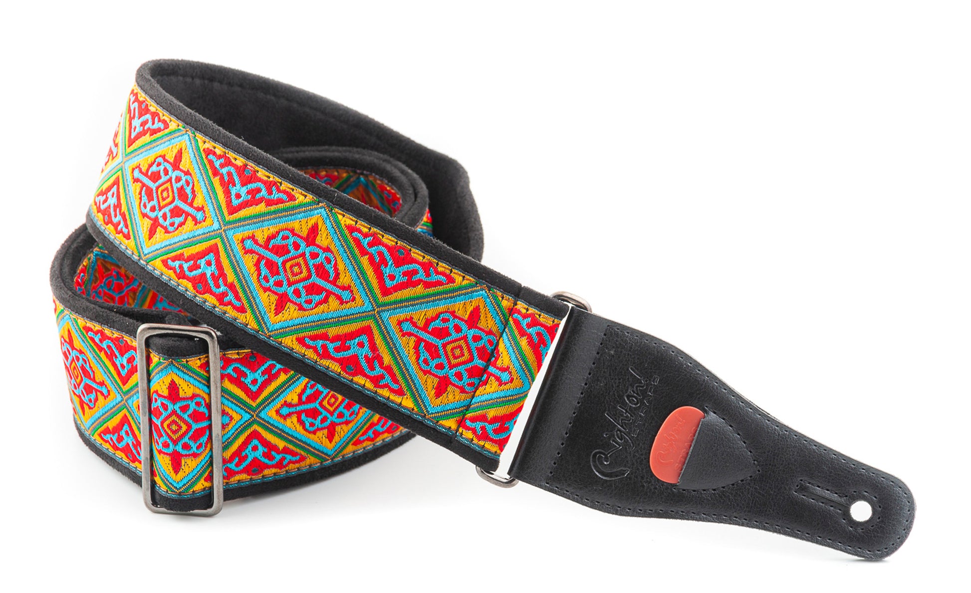 Courroie modèle HAFA, tissu Jacquard, largeur 6 cm, longueur 90 à 150 cm, porte-médiators intégré, rouge