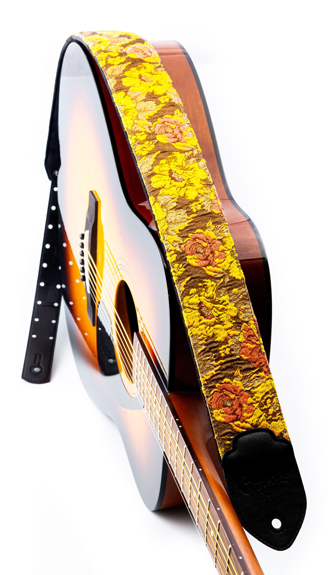 Courroie modèle GOLD & ROSES, extérieur synthétique et tissu, largeur 7 cm, longueur 95 à 150 cm, porte-médiators, orange