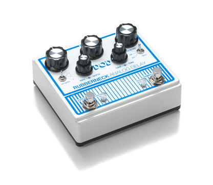 Pédale RUBBERNECK, délai analogique, jusqu'à 1500 ms de retard, fonction Tap Tempo, modulation du temps de délai, blanc et bleu