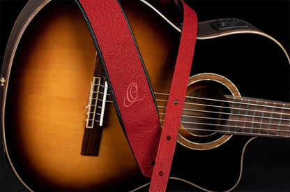 OSBY-3, courroie guitare, série Byzantine, face cuir, dos PVC (vegan), largeur 7 cm, longueur 145 cm, byzantine fire