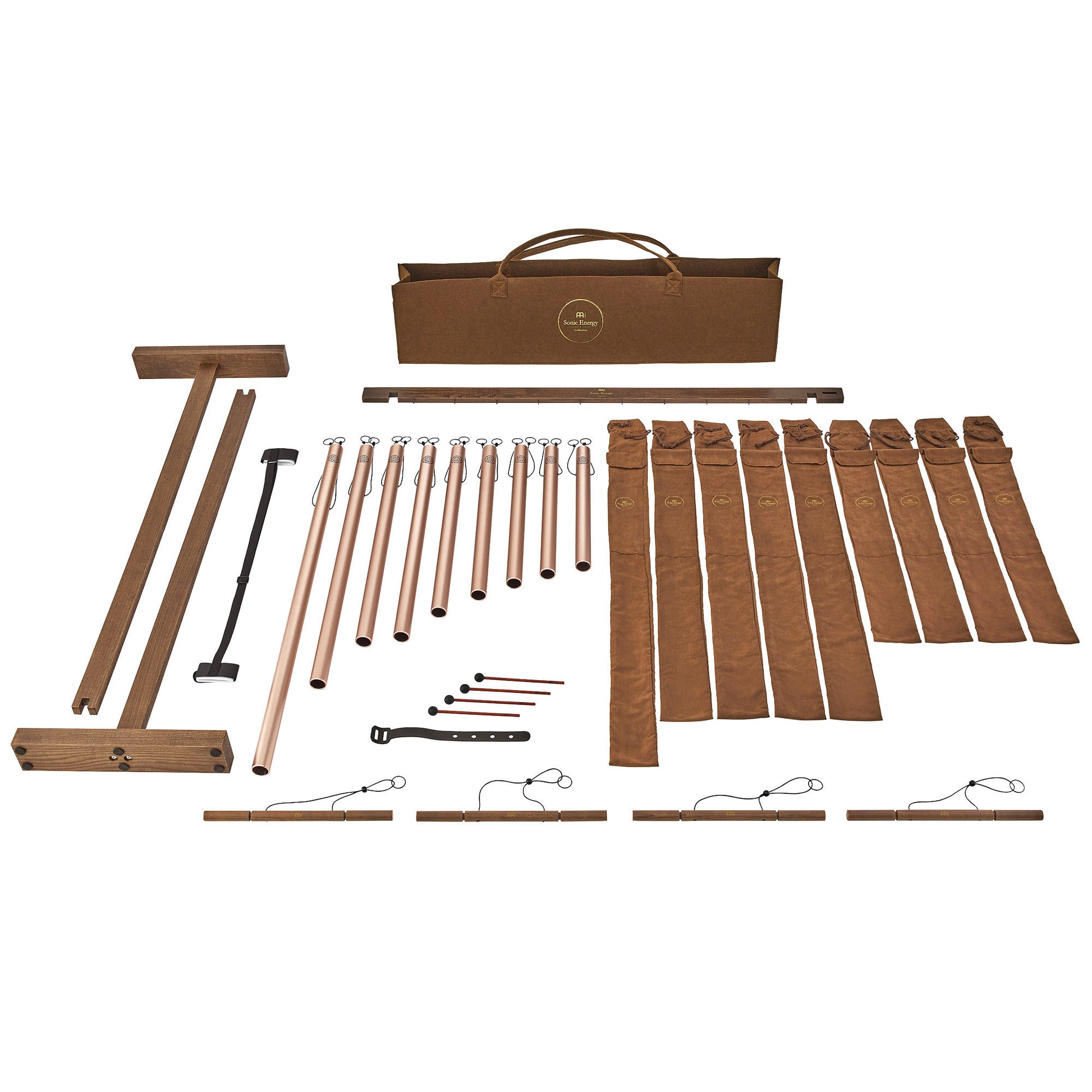 Set Solfeggio de 9 chimes Bain Sonore, stand, mailloches et sac de transport inclus, finition, champagne gold