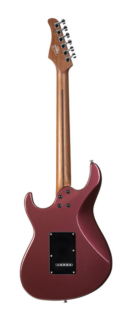 G250 SE, corps tilleul, manche et touche érable torréfié, 1 micro double et 2 simples Cort Voiced Tone, trémolo, bordeaux