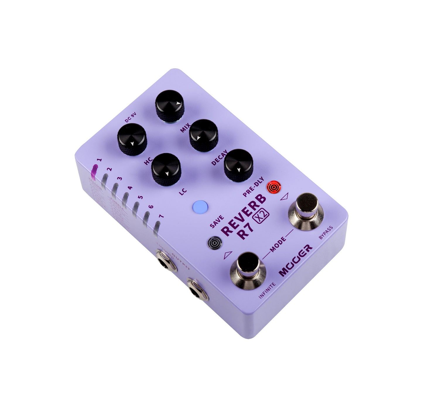 Pédale R7 REVERB X2, 14 types de réverbs numériques personnalisables, 14 presets utilisateurs, boîtier métal, violet