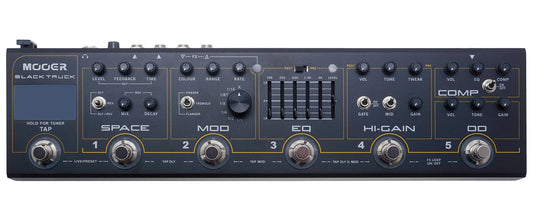 Pédalier BLACK TRUCK, 6 pédales d'effet (Compresseur, Overdrive, Distorsion, EQ, Modulation, Délai/Réverb), noir