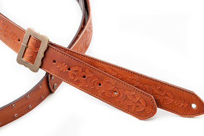 Courroie modèle LEGEND BM BOHEMIAN, cuir haute qualité, largeur 4 cm, longueur 60 à 163 cm, porte bottleneck intégré, woody