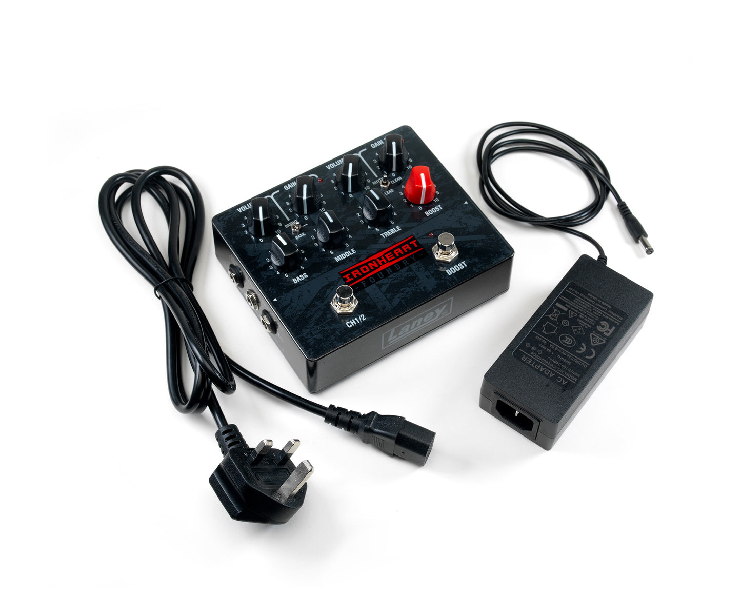 Ampli IRF-LOUDPEDAL 60W, 2 canaux, égalisation passive 3 bandes, switch Boost, sortie DI, avec alimentation 24V, noir