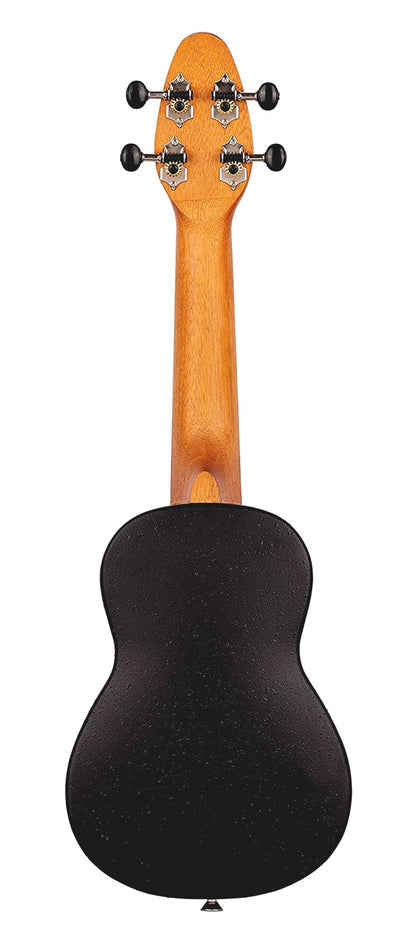 K2-SP, pack ukulélé Soprano, table agathis design"Spaceman", corps ABS légèrement galbé, manche okoumé, 12 frettes, accessoires