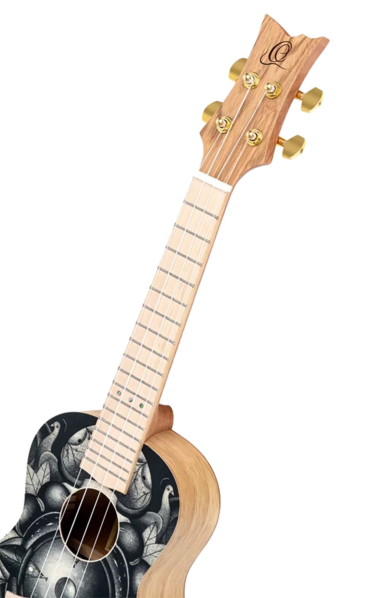 RUAR-BI, modèle Concert, table épicéa avec motif custom, fond & éclisses catalpa, manche nato, motif"oiseaux" satiné