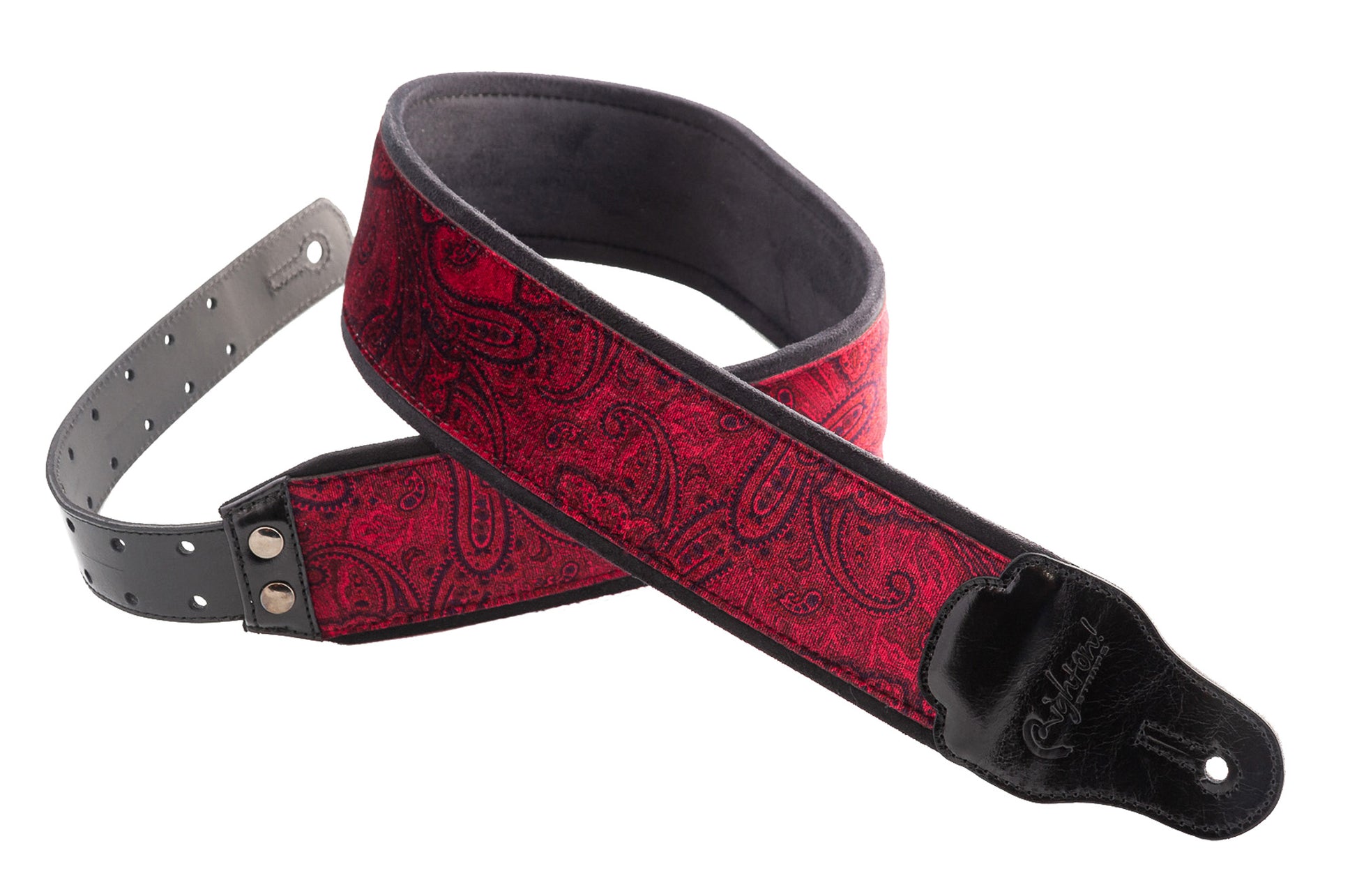 Courroie modèle J-PAISLEY, extérieur velours, largeur 7 cm, longueur 95 à 150 cm, porte-médiators intégré, rouge