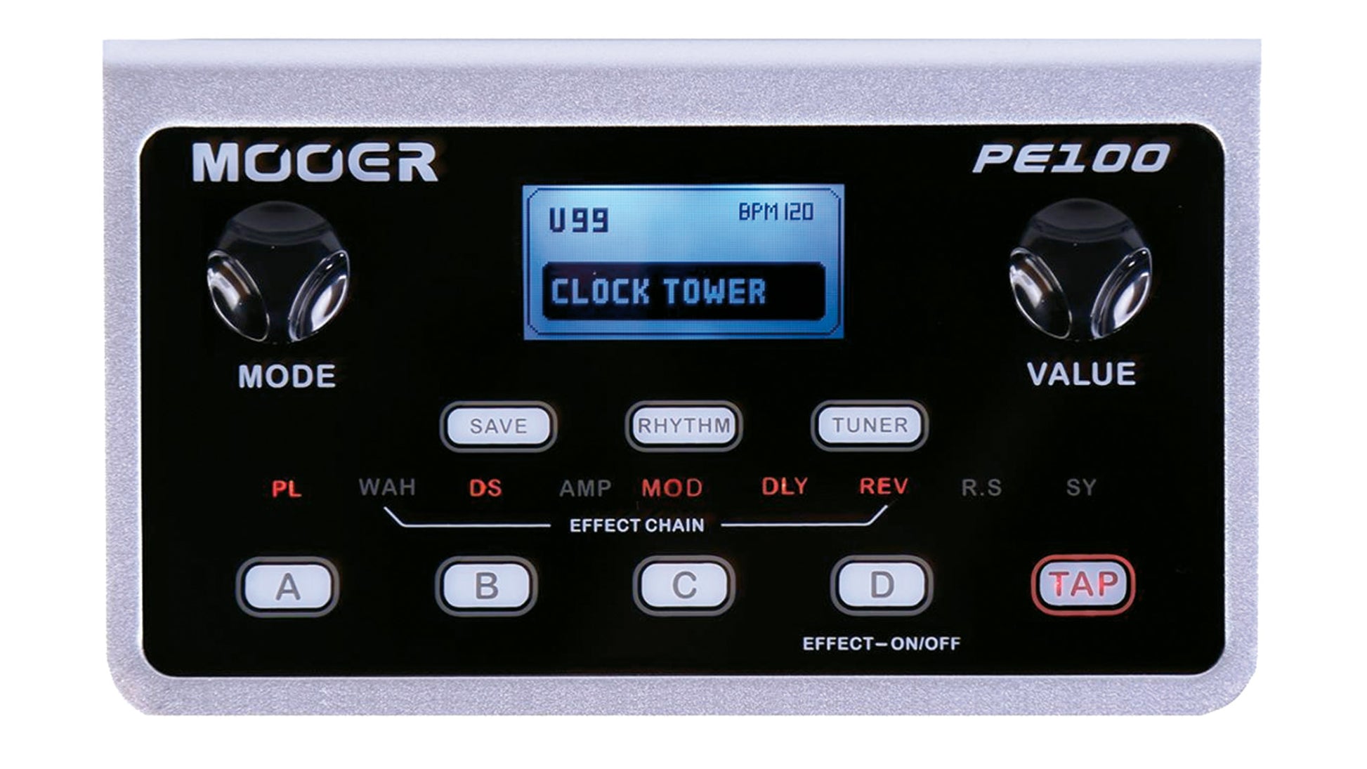 Pédalier multi-effets PE100, 6 blocs d'effet comprenant 39 types d'effets, 98 presets usine et 99 presets utilisateur, noir