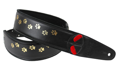 Courroie modèle CAT, extérieur synthétique, largeur 6 cm, longueur 100 à 145 cm, porte-médiators intégré, noir et doré